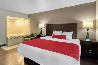 a hotel room with a large bed and a bath tub at SureStay by Best Western Greenville in Greenville