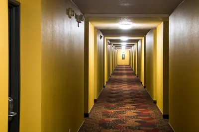 a long hallway with yellow walls and a carpet at Skylight Inn Willoughby - Cleveland Mentor in Willoughby