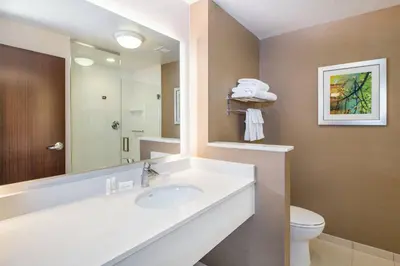 a bathroom with a sink and a toilet and a mirror at Fairfield by Marriott Inn & Suites Dayton Downtown in Dayton