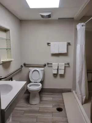 a bathroom with a toilet and a sink and towels at Quality Inn Perrysburg - Toledo South in Perrysburg