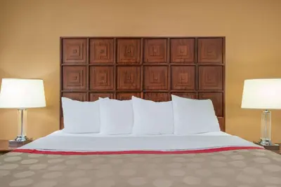 a bedroom with a large bed with two lamps at Ramada by Wyndham Columbus North in Westerville