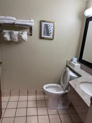 a bathroom with a toilet and a sink at Quality Inn & Suites Middletown - Franklin in Franklin