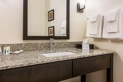 a bathroom with a sink and a mirror at Comfort Suites Wooster near University Campus in Wooster