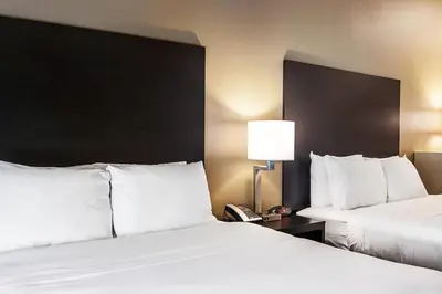 two beds with white pillows in a hotel room at Comfort Suites Wooster near University Campus in Wooster