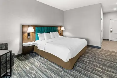 a large bed in a hotel room with two lamps at Hampton Inn by Hilton Dayton South in Miamisburg