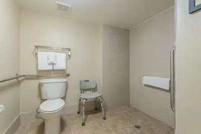 a bathroom with a toilet and a chair in it at Comfort Inn & Suites Lexington - Hamburg I-75 in Lexington
