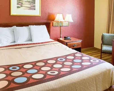 a hotel room with a bed and a chair at Rodeway Inn Florence - Cincinnati South in Florence