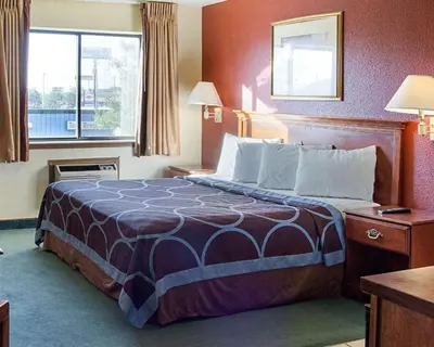 a hotel room with a bed and a window at Rodeway Inn Florence - Cincinnati South in Florence