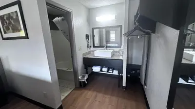a bathroom with a sink and a mirror at Red Roof Inn Anderson, IN in Anderson