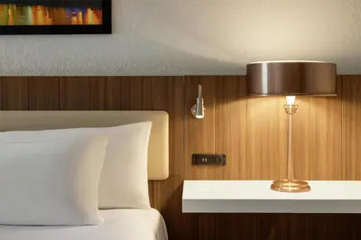 a bedroom with a bed and a lamp on a wall at Hilton Garden Inn Cleveland Airport in Fairview Park
