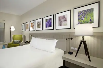 a hotel room with a bed with a lamp and pictures on the wall at Hilton Garden Inn Columbus-University Area in Columbus