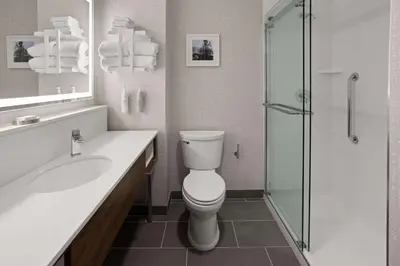 a bathroom with a toilet and a sink and a shower at Hampton Inn Cleveland-Airport/Tiedeman Road in Brooklyn