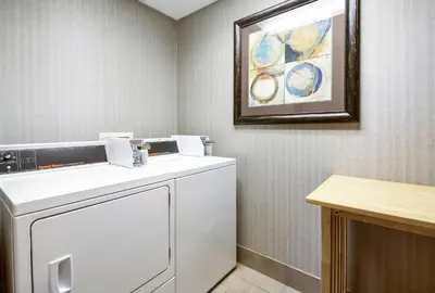 a laundry room with a washing machine and a painting at Hampton Inn West in Columbus