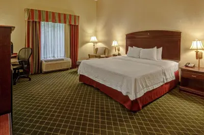 a hotel room with a bed and a desk at Hampton Inn Cambridge in Cambridge