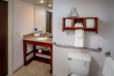 a bathroom with a toilet and a sink and a mirror at Hampton Inn Charleston Downtown in Charleston