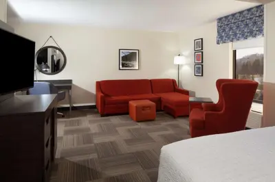 a hotel room with a couch and a tv at Hampton Inn Charleston-Southridge in Charleston
