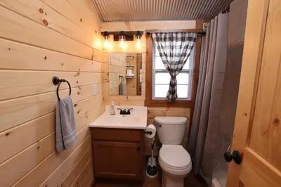 a bathroom with a toilet and a sink and a mirror at The Cayo Cabin, Millersburg Ohio in Millersburg