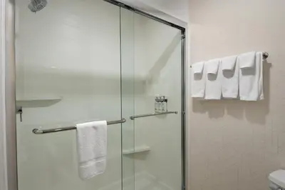 a bathroom with a glass shower stall with towels at Holiday Inn Express Richmond by IHG in Richmond