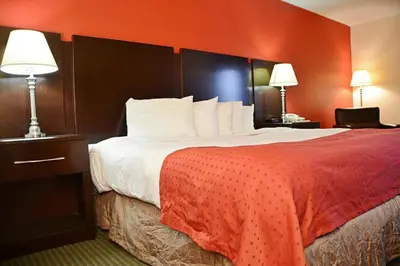 a hotel room with a large bed with a red wall at Country Hearth Inn & Suites - Kenton in Kenton