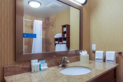 a bathroom with a sink and a large mirror at Hampton Inn Oxford/Miami University Area in Oxford