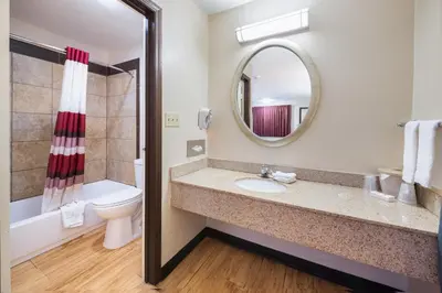 a bathroom with a sink and a toilet and a mirror at Red Roof Inn Columbus - Grove City in Grove City