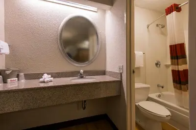 a bathroom with a sink and a toilet and a mirror at Red Roof Inn Huntington in Barboursville