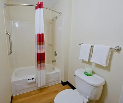 a bathroom with a white toilet and a shower at Red Roof Inn Huntington in Barboursville