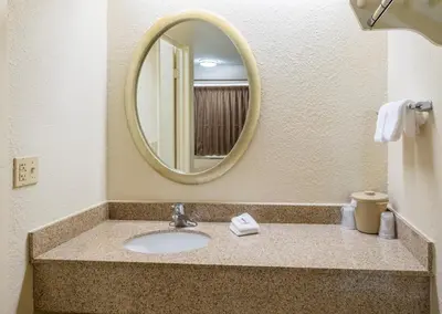 a bathroom with a sink and a mirror at Red Roof Inn Huntington in Barboursville