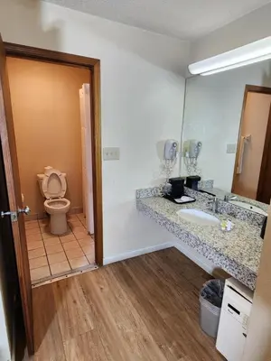 a bathroom with a toilet and a sink and a mirror at WestSpring Inn - Westlake Cleveland in Westlake