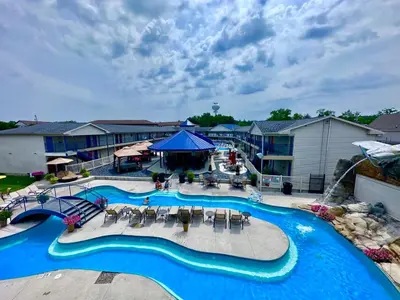 an aerial view of a pool at a resort at Islander Inn in Put-in-Bay