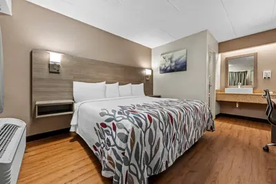 a hotel room with a large bed and a desk at Red Roof Inn Columbus West - Hilliard in New Rome