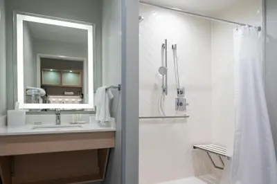 a bathroom with a sink and a mirror and a shower at TownePlace Suites by Marriott Sidney in Sidney