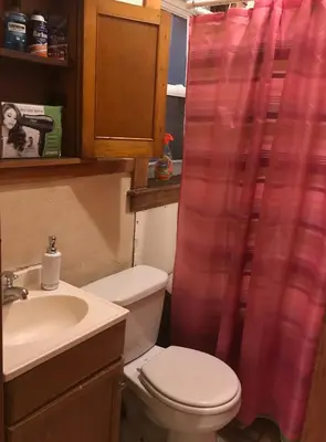 a bathroom with a toilet and a sink and a red shower curtain at Short Term Rentals Little Italy Cleveland in Cleveland