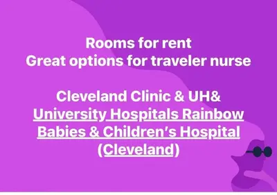 a purple sign with the words rooms for rent and great options for traveller nurse at Short Term Rentals Little Italy Cleveland in Cleveland