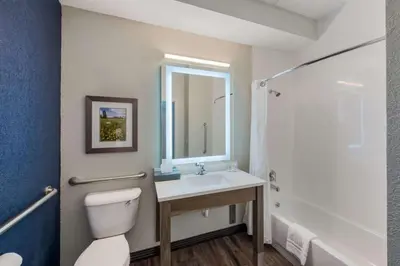 a bathroom with a toilet and a sink and a shower at Comfort Inn & Suites Tipp City Dayton North I-75 in Tipp City