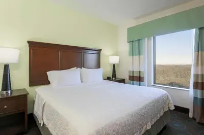 a hotel room with a bed and a large window at Hampton Inn & Suites Wheeling - The Highlands in Triadelphia