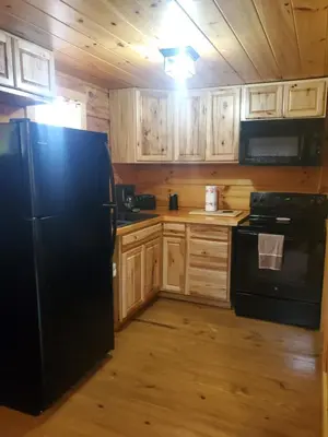 a kitchen with a black refrigerator and wooden cabinets at The Hampton - An Amish Built Deluxe Log Cabin in Genoa