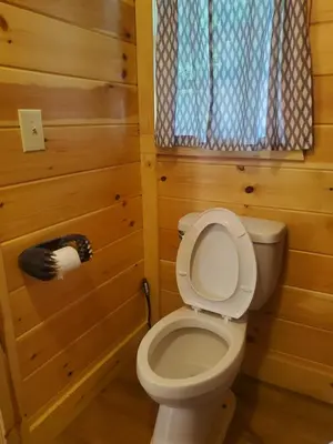 a bathroom with a toilet in a wooden room at The Frontier - An Amish Built Deluxe Cabin in Genoa