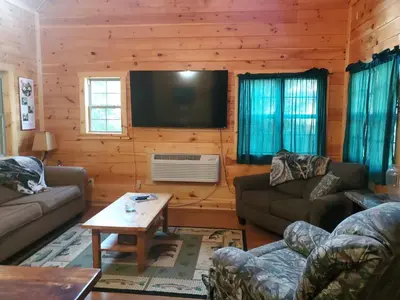 a living room with couches and a flat screen tv at The Frontier - An Amish Built Deluxe Cabin in Genoa