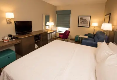 a hotel room with a bed and a television at Hampton Inn Wooster in Wooster