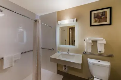 a bathroom with a sink and a toilet and a mirror at Quality Inn Marysville in Marysville