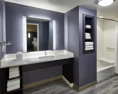 a bathroom with a sink and a large mirror at Residence Inn by Marriott Cleveland University Circle/Medical Center in Cleveland