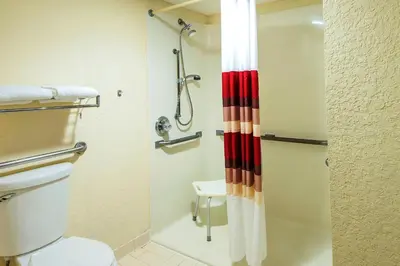 a bathroom with a toilet and a shower at Red Roof Inn Lexington in Lexington