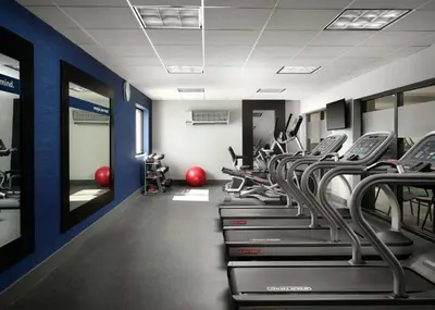 a gym with a row of treadmills at Hampton Inn Troy in Troy