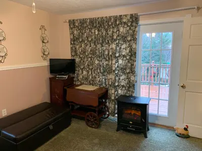 a living room with a fireplace and a couch at Emerald Necklace Inn Bed and Breakfast in Lakewood