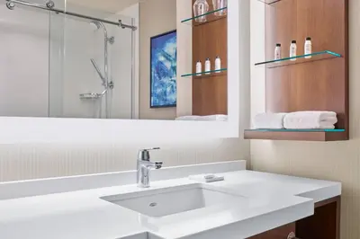 a bathroom with a sink and a mirror at Delta Hotels by Marriott Ashland Downtown in Ashland