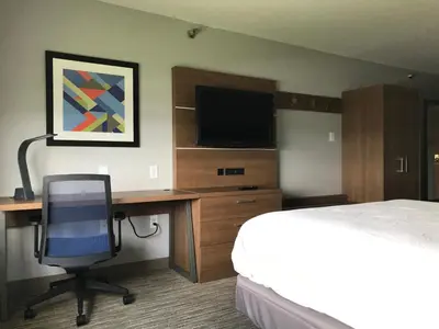 a hotel room with a desk with a bed and a television at Holiday Inn Express - Toledo West - Napoleon by IHG in Napoleon