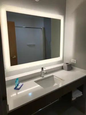 a bathroom with a sink and a large mirror at Holiday Inn Express - Toledo West - Napoleon by IHG in Napoleon