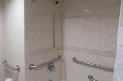 a bathroom with a shower with two grab bars at Quality Inn and Conference Center in Richmond