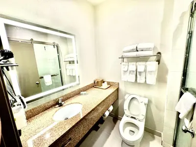 a bathroom with a toilet and a sink and a mirror at Baymont by Wyndham Richmond I-70 in Richmond